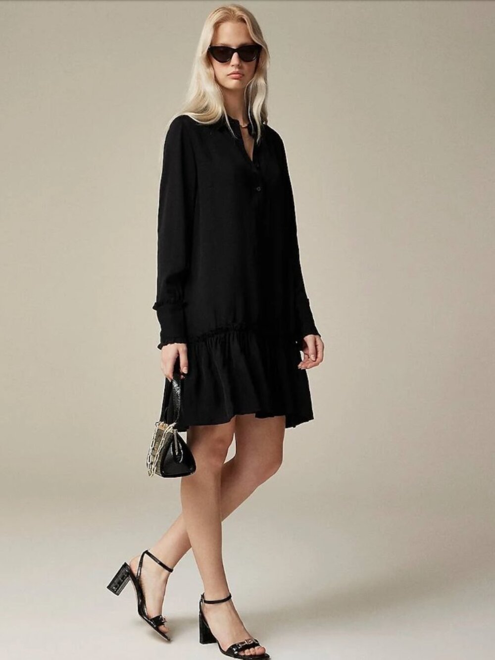 J. Crew Amelia Popover Shirt-Dress in Drapey Viscose Twill Black Small